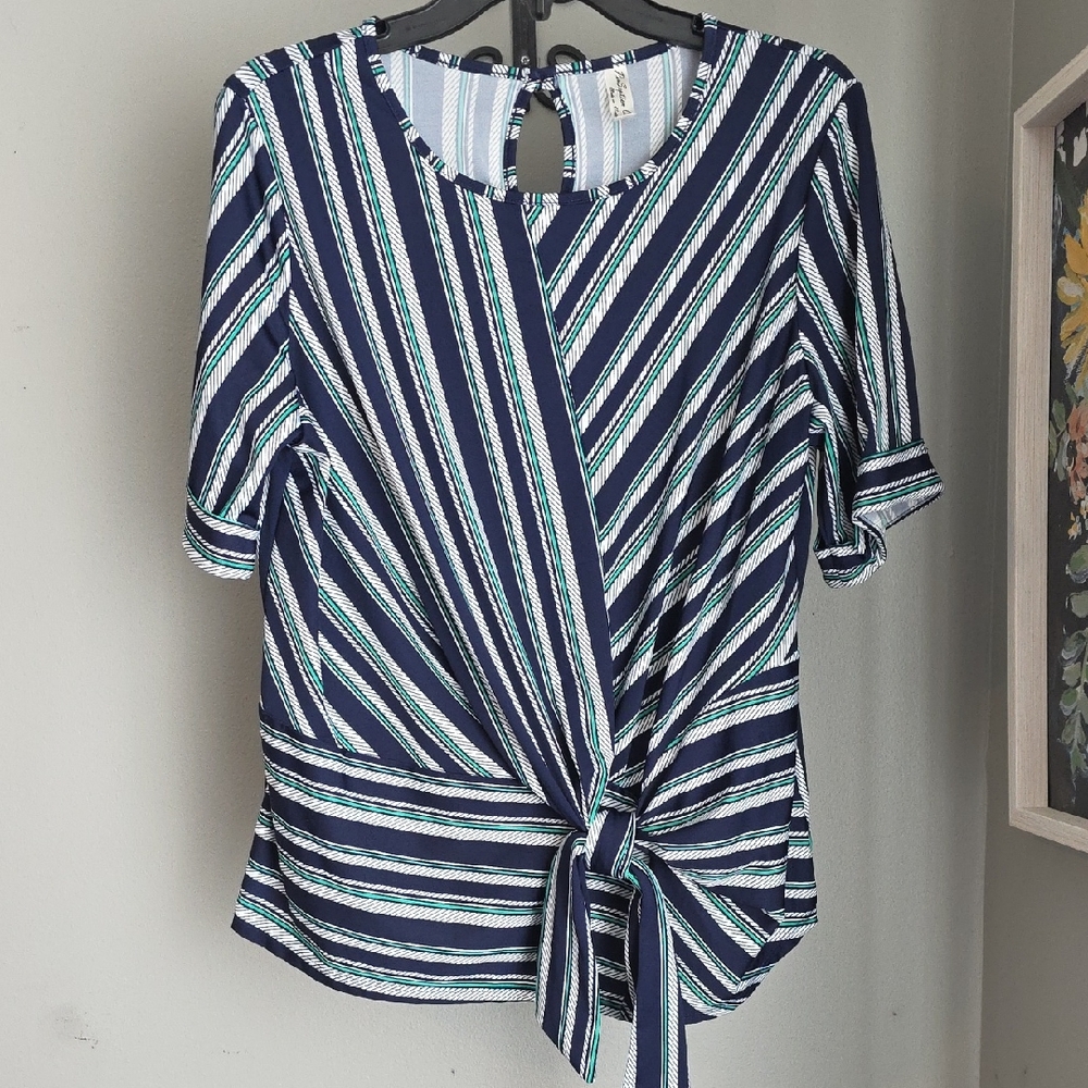 Navy and White Striped Women's Blouse with Tie Detail Size Large